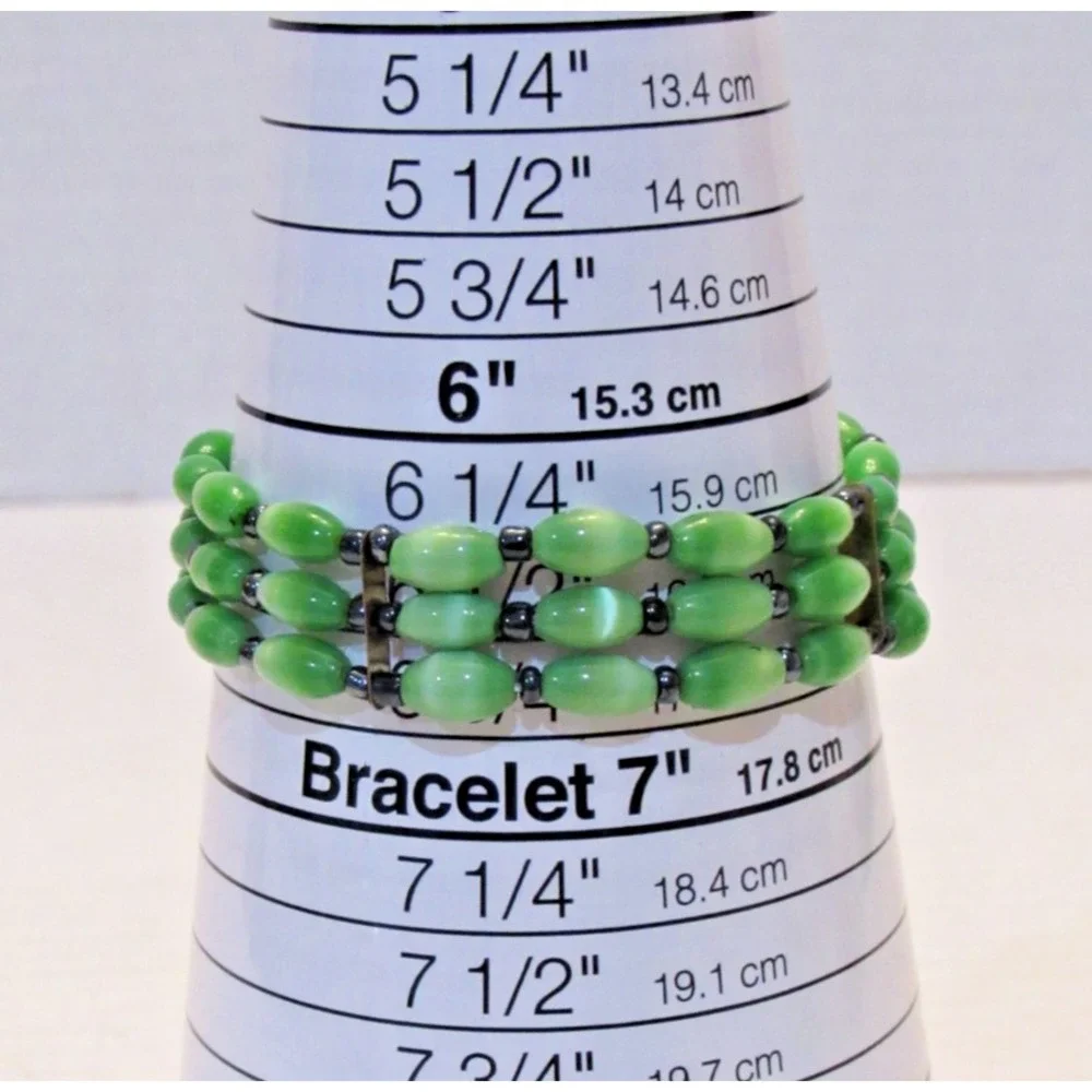 Vintage Green Cats Eye Bead 3‎ Row Memory Wire Coil Bracelet Adjustable
